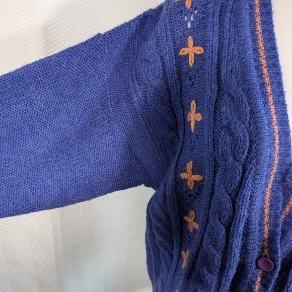 Vintage 80s Chunky Cable Knit Cardigan Blue Orange Wool Blend Est. size M to L - Picture 5 of 16